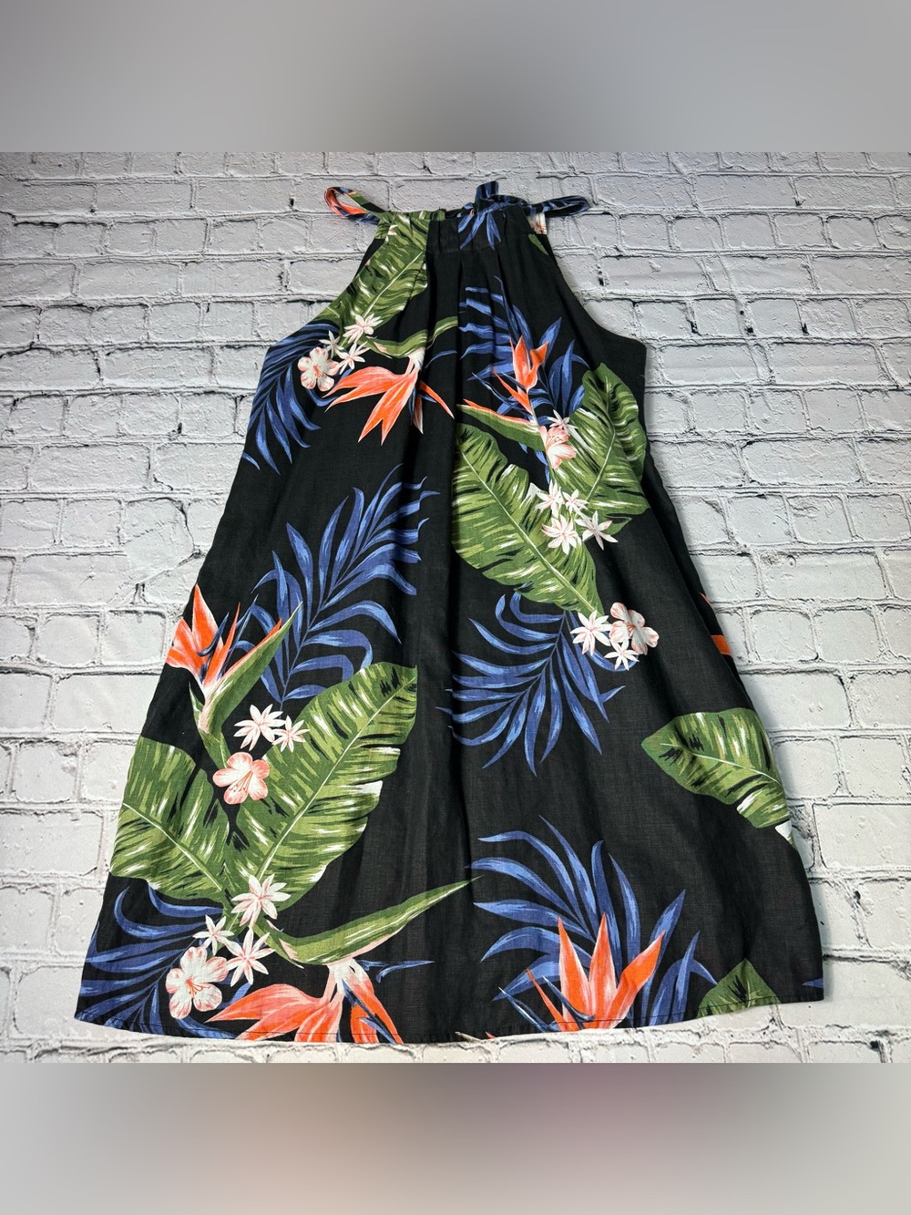 28 Palms 100% Linen Tropical Print Lined Midi Halter Shift Dress Black Size L